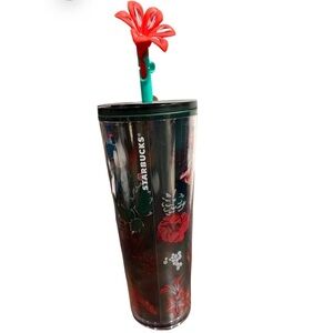 Starbucks 2022 Holiday Poinsettia Venti Cold Cup w/ Flower Silicone Straw Topper